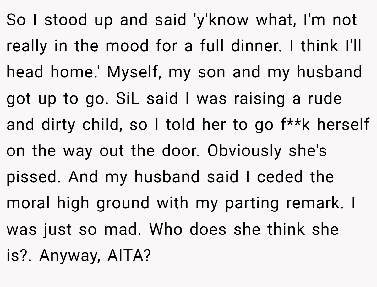 So I stood up and said 'y'know what, I'm not really in the mood for a full dinner. I think I'll head home.' Myself, my son and my husband got up to go. SiL said I was raising a rude and dirty child, so I told her to go f**k herself on the way out the door. Obviously she's pissed. And my husband said I ceded the moral high ground with my parting remark. I was just so mad. Who does she think she is?. Anyway, AITA?