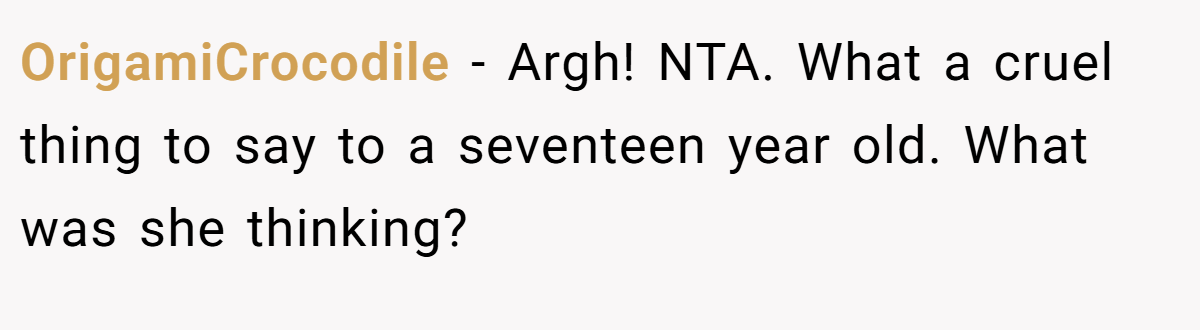 OrigamiCrocodile - Argh! NTA. What a cruel thing to say to a seventeen year old. What was she thinking?