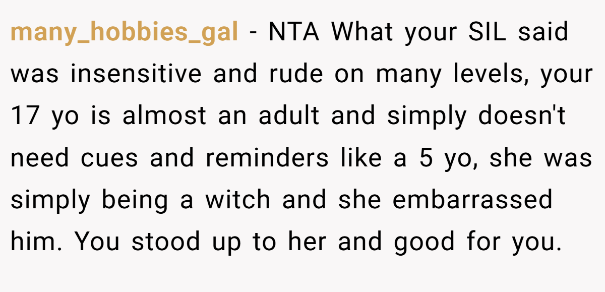 many_hobbies_gal - NTA What your SIL said was insensitive and rude on many levels, your 17 yo is almost an adult and simply doesn't need cues and reminders like a 5 yo, she was simply being a witch and she embarrassed him. You stood up to her and good for you.