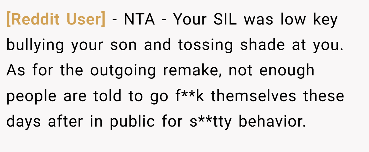 [Reddit User] - NTA - Your SIL was low key bullying your son and tossing shade at you. As for the outgoing remake, not enough people are told to go f**k themselves these days after in public for s**tty behavior.