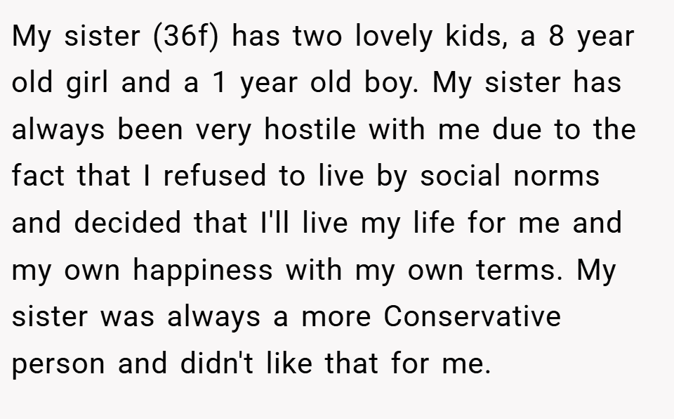 My sister (36f) has two lovely kids, a 8 year old girl and a 1 year old boy. My sister has always been very hostile with me due to the fact that I refused to live by social norms and decided that I'll live my life for me and my own happiness with my own terms. My sister was always a more Conservative person and didn't like that for me.