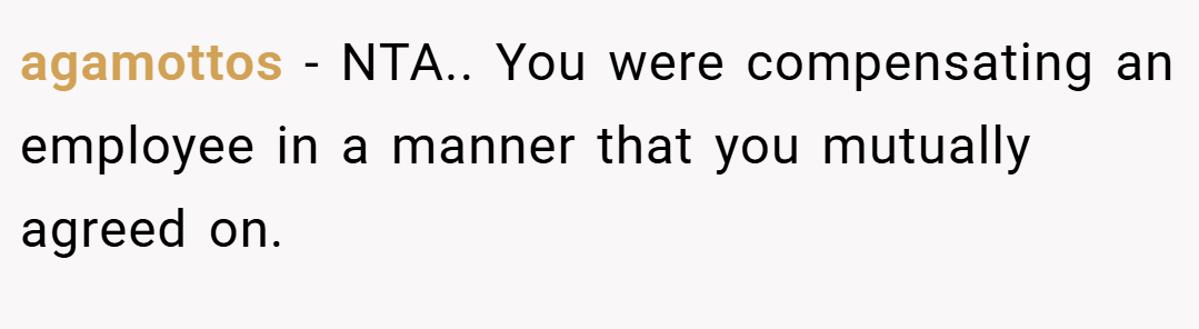 agamottos − NTA.. You were compensating an employee in a manner that you mutually agreed on.