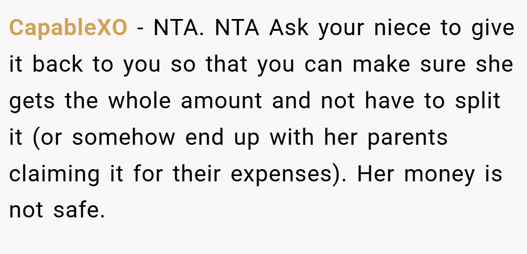 CapableXO − NTA. NTA Ask your niece to give it back to you so that you can make sure she gets the whole amount and not have to split it (or somehow end up with her parents claiming it for their expenses). Her money is not safe.