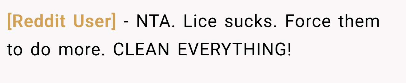 [Reddit User] - NTA. Lice sucks. Force them to do more. CLEAN EVERYTHING!