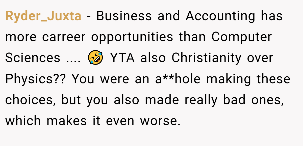 Ryder_Juxta − Business and Accounting has more carreer opportunities than Computer Sciences .... 🤣 YTA also Christianity over Physics?? You were an a**hole making these choices, but you also made really bad ones, which makes it even worse.
