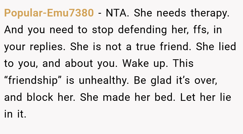 Popular-Emu7380 − NTA. She needs therapy. And you need to stop defending her, ffs, in your replies. She is not a true friend. She lied to you, and about you. Wake up. This “friendship” is unhealthy. Be glad it’s over, and block her. She made her bed. Let her lie in it.