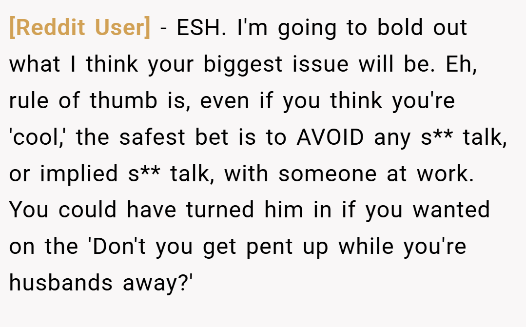 [Reddit User] − ESH. I'm going to bold out what I think your biggest issue will be. Eh, rule of thumb is, even if you think you're 'cool,' the safest bet is to AVOID any s** talk, or implied s** talk, with someone at work. You could have turned him in if you wanted on the 'Don't you get pent up while you're husbands away?'