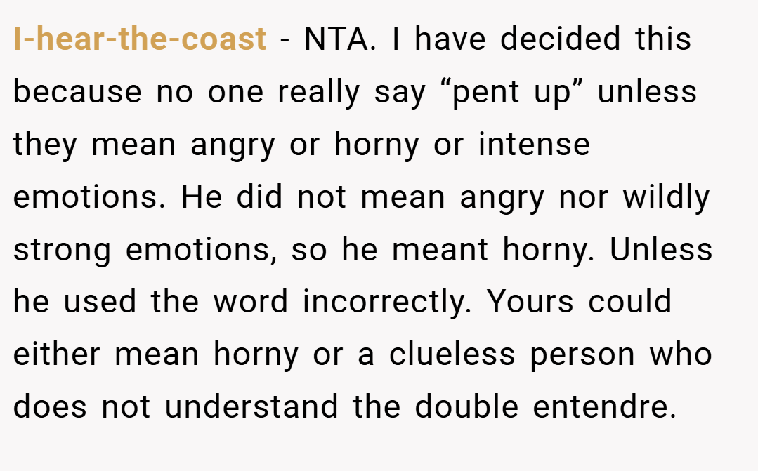 I-hear-the-coast − NTA. I have decided this because no one really say “pent up” unless they mean angry or horny or intense emotions. He did not mean angry nor wildly strong emotions, so he meant horny. Unless he used the word incorrectly. Yours could either mean horny or a clueless person who does not understand the double entendre.