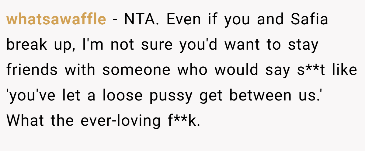 whatsawaffle − NTA. Even if you and Safia break up, I'm not sure you'd want to stay friends with someone who would say s**t like 'you've let a loose pussy get between us.' What the ever-loving f**k.