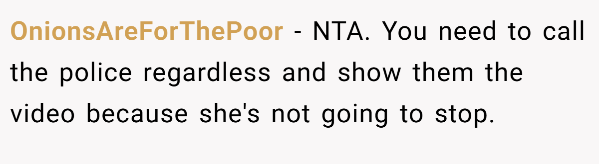 OnionsAreForThePoor - NTA. You need to call the police regardless and show them the video because she's not going to stop.