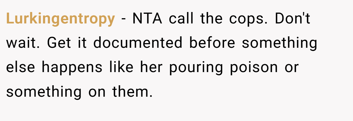 Lurkingentropy - NTA call the cops. Don't wait. Get it documented before something else happens like her pouring poison or something on them.