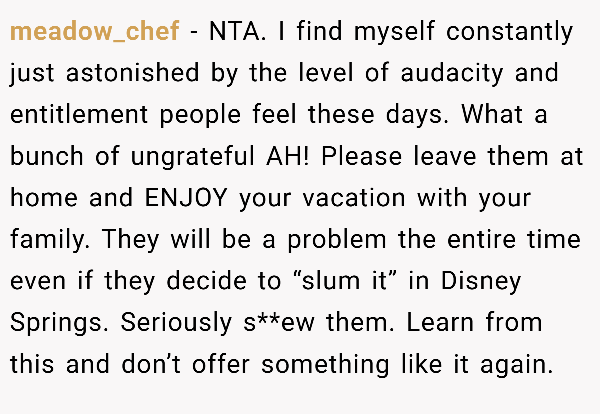 meadow_chef − NTA. I find myself constantly just astonished by the level of audacity and entitlement people feel these days. What a bunch of ungrateful AH! Please leave them at home and ENJOY your vacation with your family. They will be a problem the entire time even if they decide to “slum it” in Disney Springs. Seriously s**ew them. Learn from this and don’t offer something like it again.
