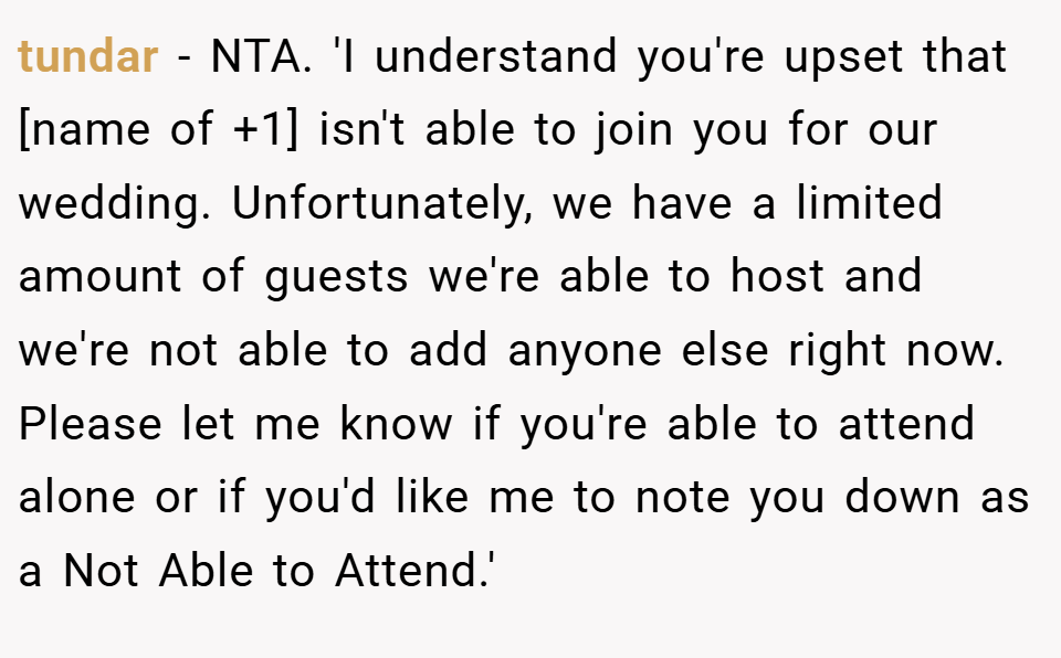 tundar − NTA. 'I understand you're upset that [name of +1] isn't able to join you for our wedding. Unfortunately, we have a limited amount of guests we're able to host and we're not able to add anyone else right now. Please let me know if you're able to attend alone or if you'd like me to note you down as a Not Able to Attend.'