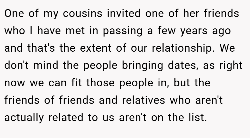 One of my cousins invited one of her friends who I have met in passing a few years ago and that's the extent of our relationship. We don't mind the people bringing dates, as right now we can fit those people in, but the friends of friends and relatives who aren't actually related to us aren't on the list.