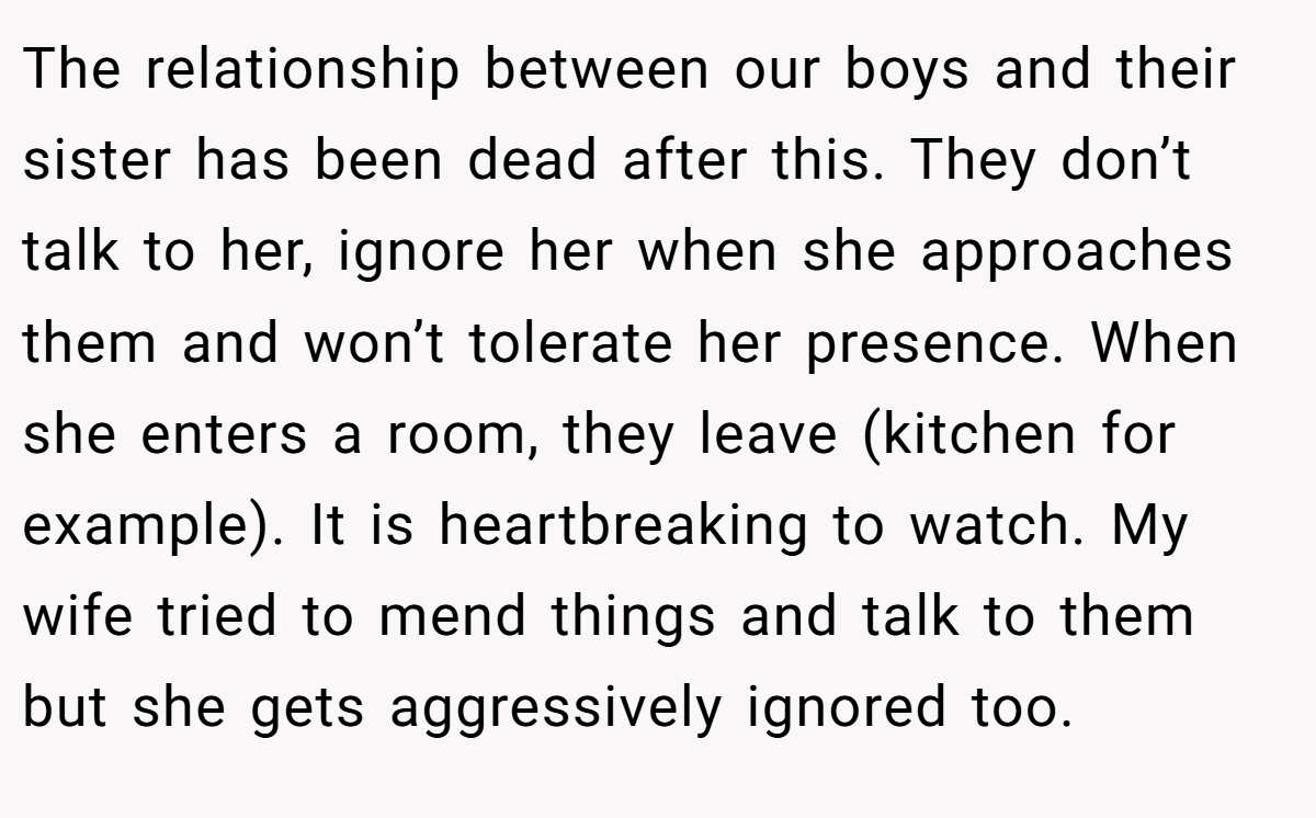 The relationship between our boys and their sister has been dead after this. They don’t talk to her, ignore her when she approaches them and won’t tolerate her presence. When she enters a room, they leave (kitchen for example). It is heartbreaking to watch. My wife tried to mend things and talk to them but she gets aggressively ignored too.