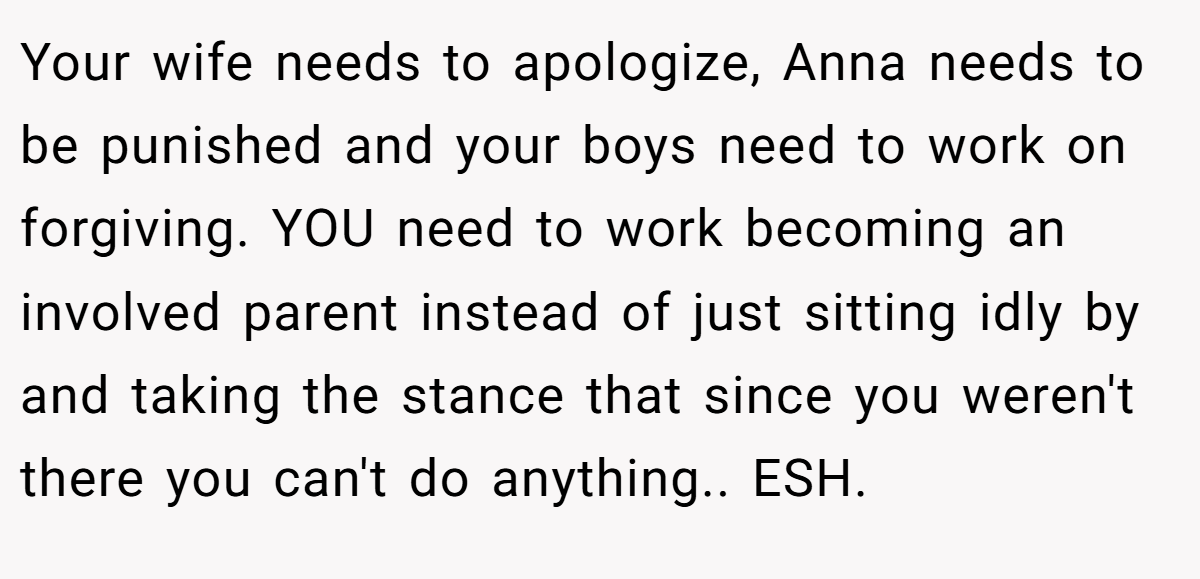 Your wife needs to apologize, Anna needs to be punished and your boys need to work on forgiving. YOU need to work becoming an involved parent instead of just sitting idly by and taking the stance that since you weren't there you can't do anything.. ESH.
