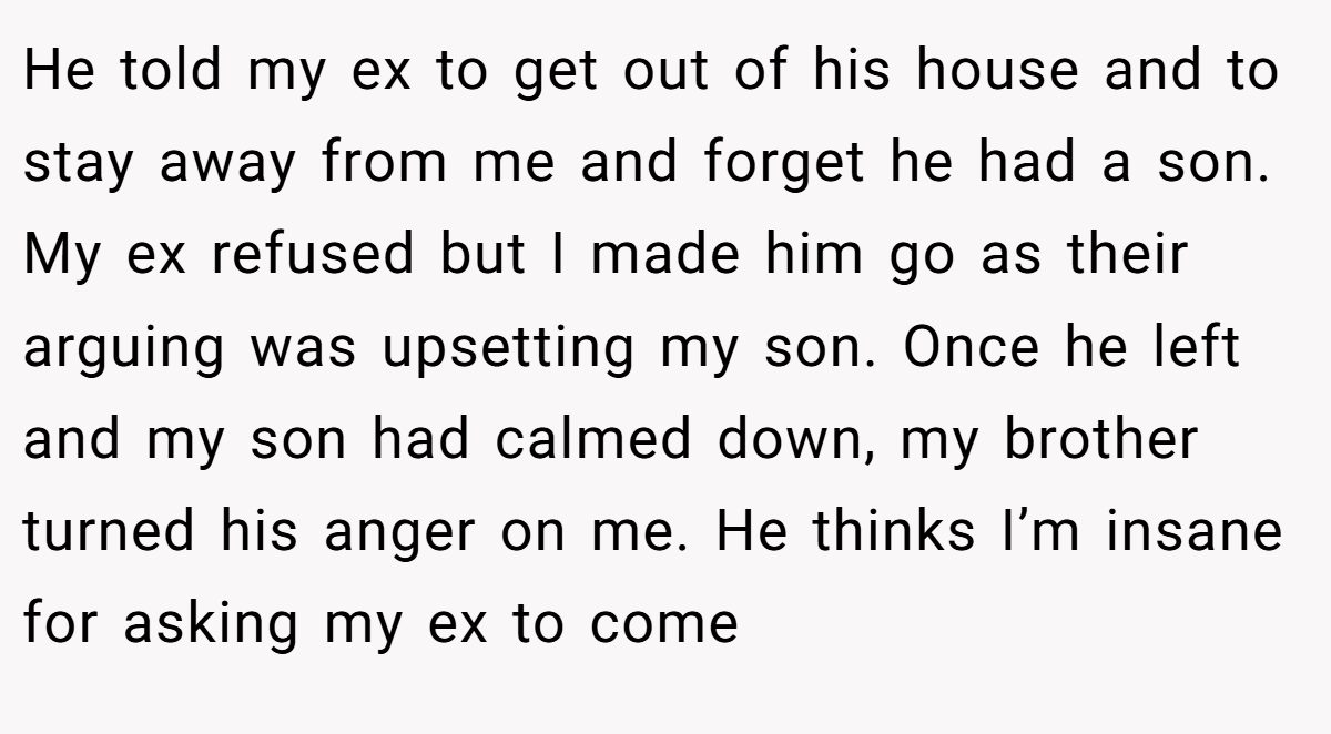 He told my ex to get out of his house and to stay away from me and forget he had a son. My ex refused but I made him go as their arguing was upsetting my son. Once he left and my son had calmed down, my brother turned his anger on me. He thinks I’m insane for asking my ex to come