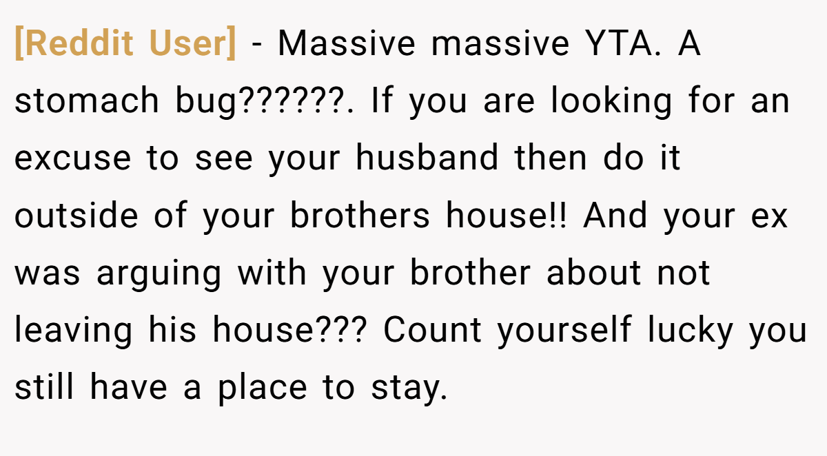 [Reddit User] − Massive massive YTA. A stomach bug??????. If you are looking for an excuse to see your husband then do it outside of your brothers house!! And your ex was arguing with your brother about not leaving his house??? Count yourself lucky you still have a place to stay.