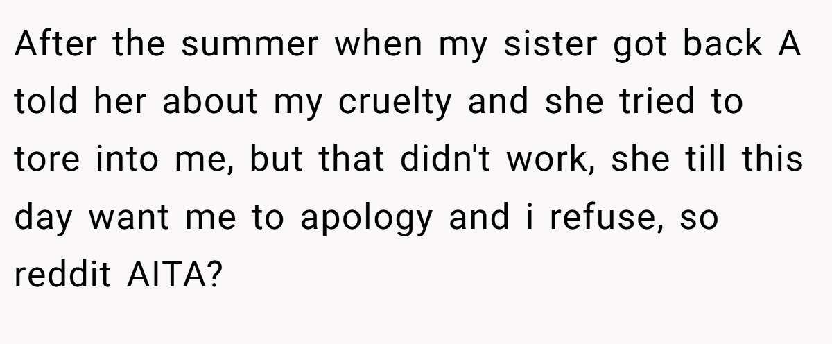 After the summer when my sister got back A told her about my cruelty and she tried to tore into me, but that didn't work, she till this day want me to apology and i refuse, so reddit AITA?
