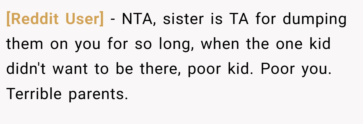 [Reddit User] − NTA, sister is TA for dumping them on you for so long, when the one kid didn't want to be there, poor kid. Poor you. Terrible parents.