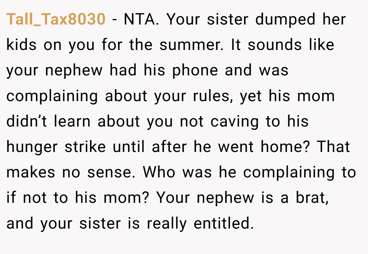 Tall_Tax8030 − NTA. Your sister dumped her kids on you for the summer. It sounds like your nephew had his phone and was complaining about your rules, yet his mom didn’t learn about you not caving to his hunger strike until after he went home? That makes no sense. Who was he complaining to if not to his mom? Your nephew is a brat, and your sister is really entitled.