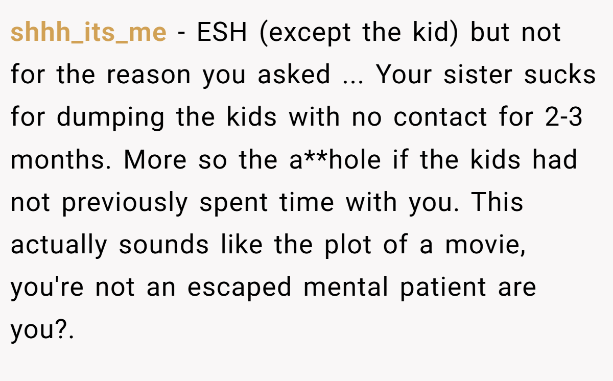 shhh_its_me − ESH (except the kid) but not for the reason you asked ... Your sister sucks for dumping the kids with no contact for 2-3 months. More so the a**hole if the kids had not previously spent time with you. This actually sounds like the plot of a movie, you're not an escaped mental patient are you?.