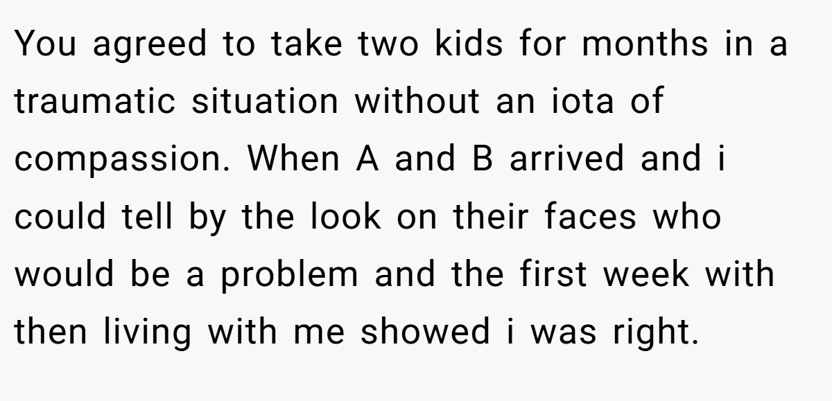 You agreed to take two kids for months in a traumatic situation without an iota of compassion. When A and B arrived and i could tell by the look on their faces who would be a problem and the first week with then living with me showed i was right.