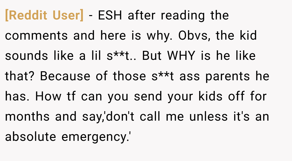 [Reddit User] − ESH after reading the comments and here is why. Obvs, the kid sounds like a lil s**t.. But WHY is he like that? Because of those s**t ass parents he has. How tf can you send your kids off for months and say,'don't call me unless it's an absolute emergency.'