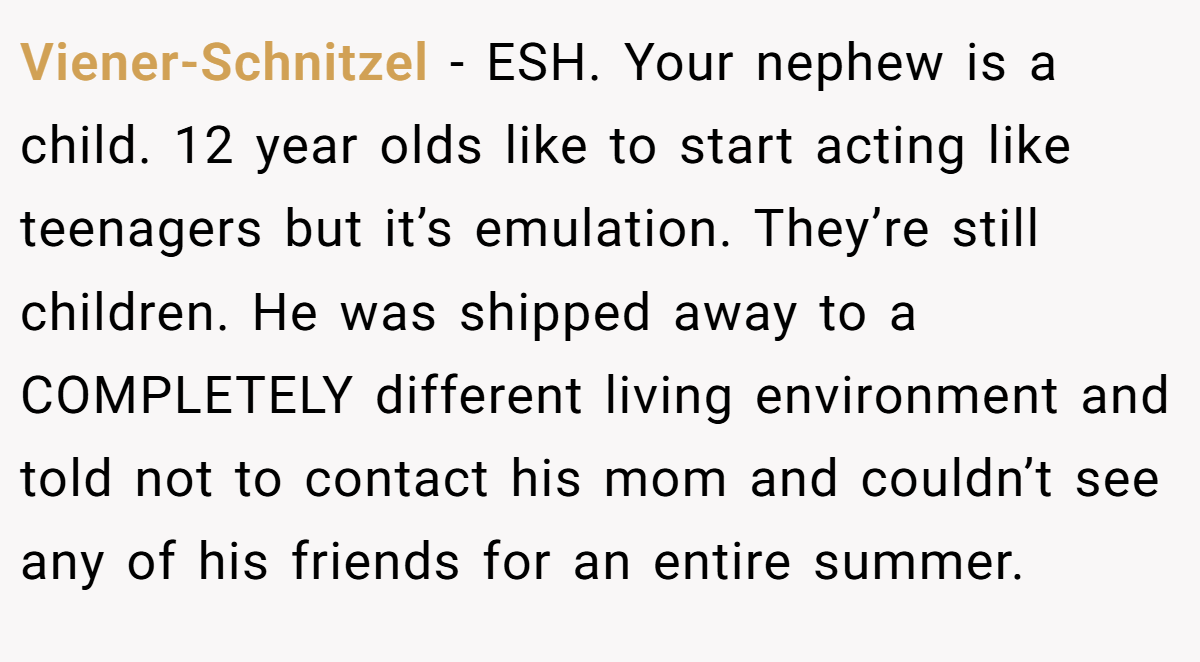 Viener-Schnitzel − ESH. Your nephew is a child. 12 year olds like to start acting like teenagers but it’s emulation. They’re still children. He was shipped away to a COMPLETELY different living environment and told not to contact his mom and couldn’t see any of his friends for an entire summer.