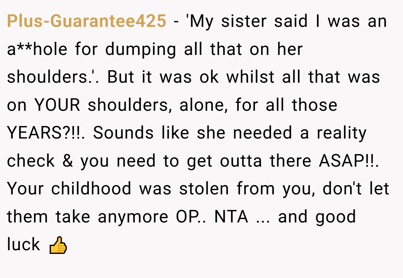 Plus-Guarantee425 - 'My sister said I was an a**hole for dumping all that on her shoulders.'. But it was ok whilst all that was on YOUR shoulders, alone, for all those YEARS?!!. Sounds like she needed a reality check & you need to get outta there ASAP!!. Your childhood was stolen from you, don't let them take anymore OP.. NTA ... and good luck 👍