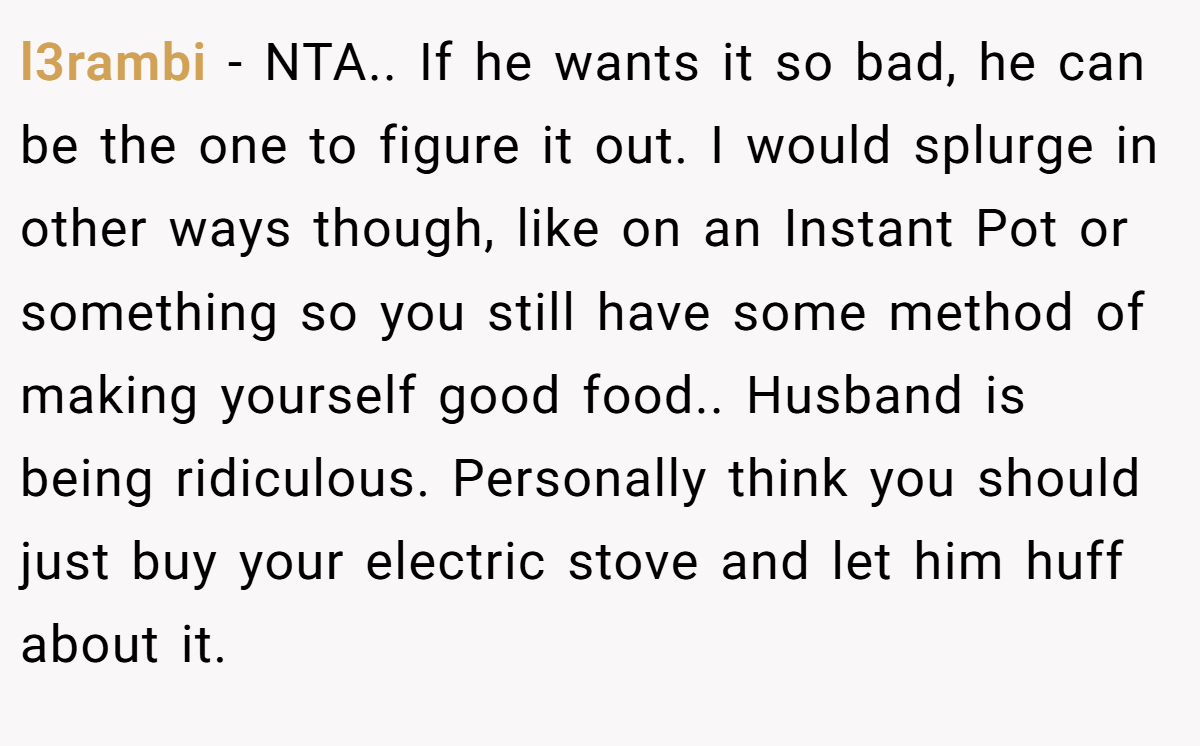 l3rambi - NTA.. If he wants it so bad, he can be the one to figure it out. I would splurge in other ways though, like on an Instant Pot or something so you still have some method of making yourself good food.. Husband is being ridiculous. Personally think you should just buy your electric stove and let him huff about it.