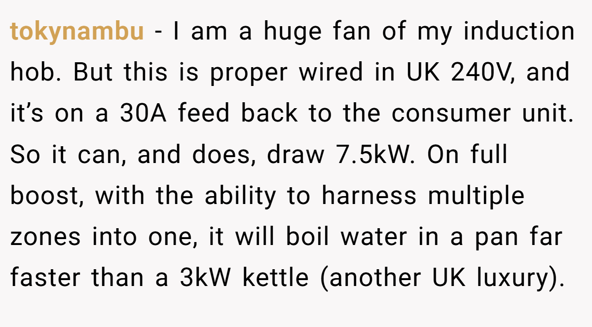 tokynambu - I am a huge fan of my induction hob. But this is proper wired in UK 240V, and it’s on a 30A feed back to the consumer unit. So it can, and does, draw 7.5kW. On full boost, with the ability to harness multiple zones into one, it will boil water in a pan far faster than a 3kW kettle (another UK luxury).