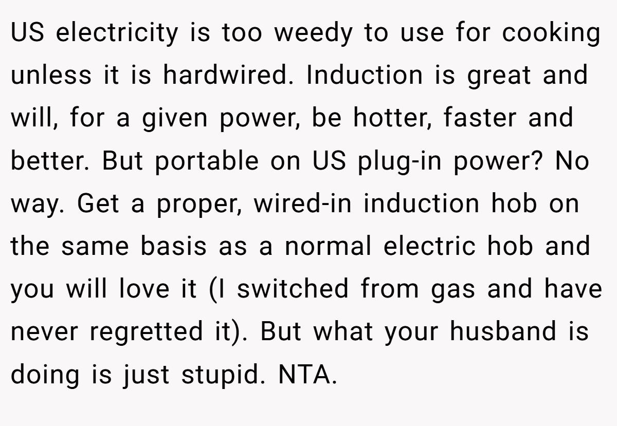 US electricity is too weedy to use for cooking unless it is hardwired. Induction is great and will, for a given power, be hotter, faster and better. But portable on US plug-in power? No way. Get a proper, wired-in induction hob on the same basis as a normal electric hob and you will love it (I switched from gas and have never regretted it). But what your husband is doing is just stupid. NTA.