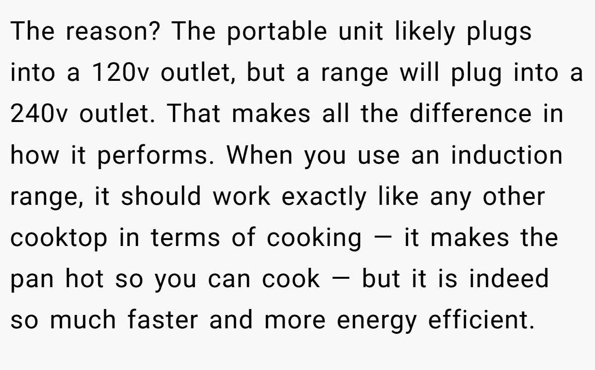 The reason? The portable unit likely plugs into a 120v outlet, but a range will plug into a 240v outlet. That makes all the difference in how it performs. When you use an induction range, it should work exactly like any other cooktop in terms of cooking — it makes the pan hot so you can cook — but it is indeed so much faster and more energy efficient.