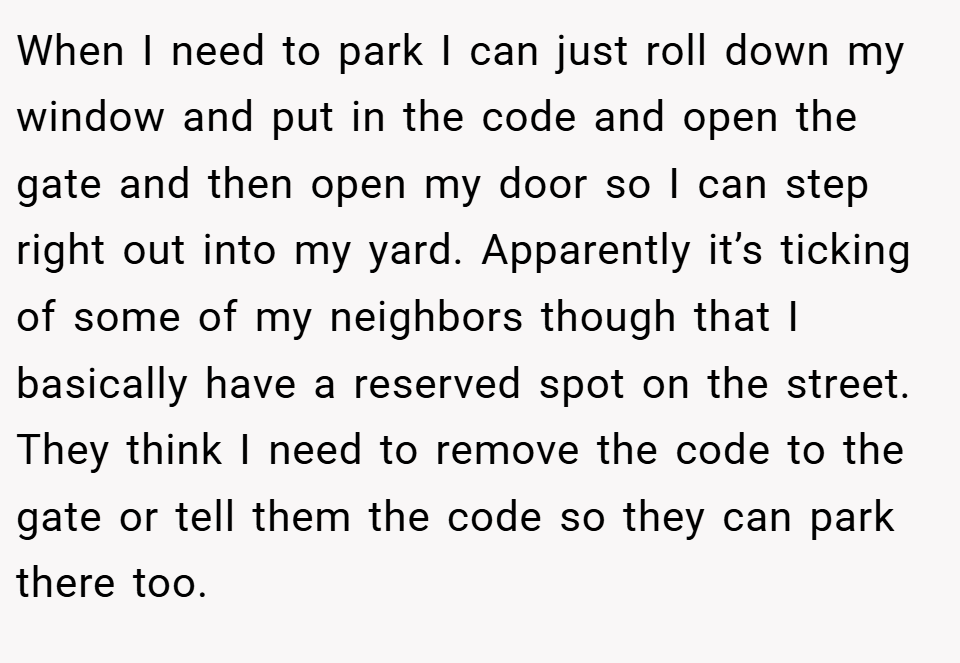 When I need to park I can just roll down my window and put in the code and open the gate and then open my door so I can step right out into my yard. Apparently it’s ticking of some of my neighbors though that I basically have a reserved spot on the street. They think I need to remove the code to the gate or tell them the code so they can park there too.
