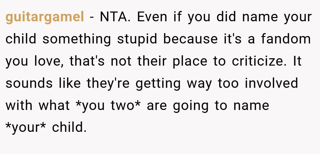 guitargamel − NTA. Even if you did name your child something stupid because it's a fandom you love, that's not their place to criticize. It sounds like they're getting way too involved with what *you two* are going to name *your* child.