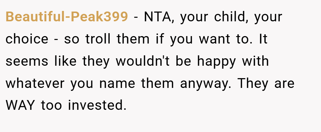 Beautiful-Peak399 − NTA, your child, your choice - so troll them if you want to. It seems like they wouldn't be happy with whatever you name them anyway. They are WAY too invested.