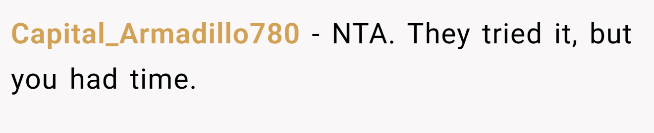 Capital_Armadillo780 - NTA. They tried it, but you had time.