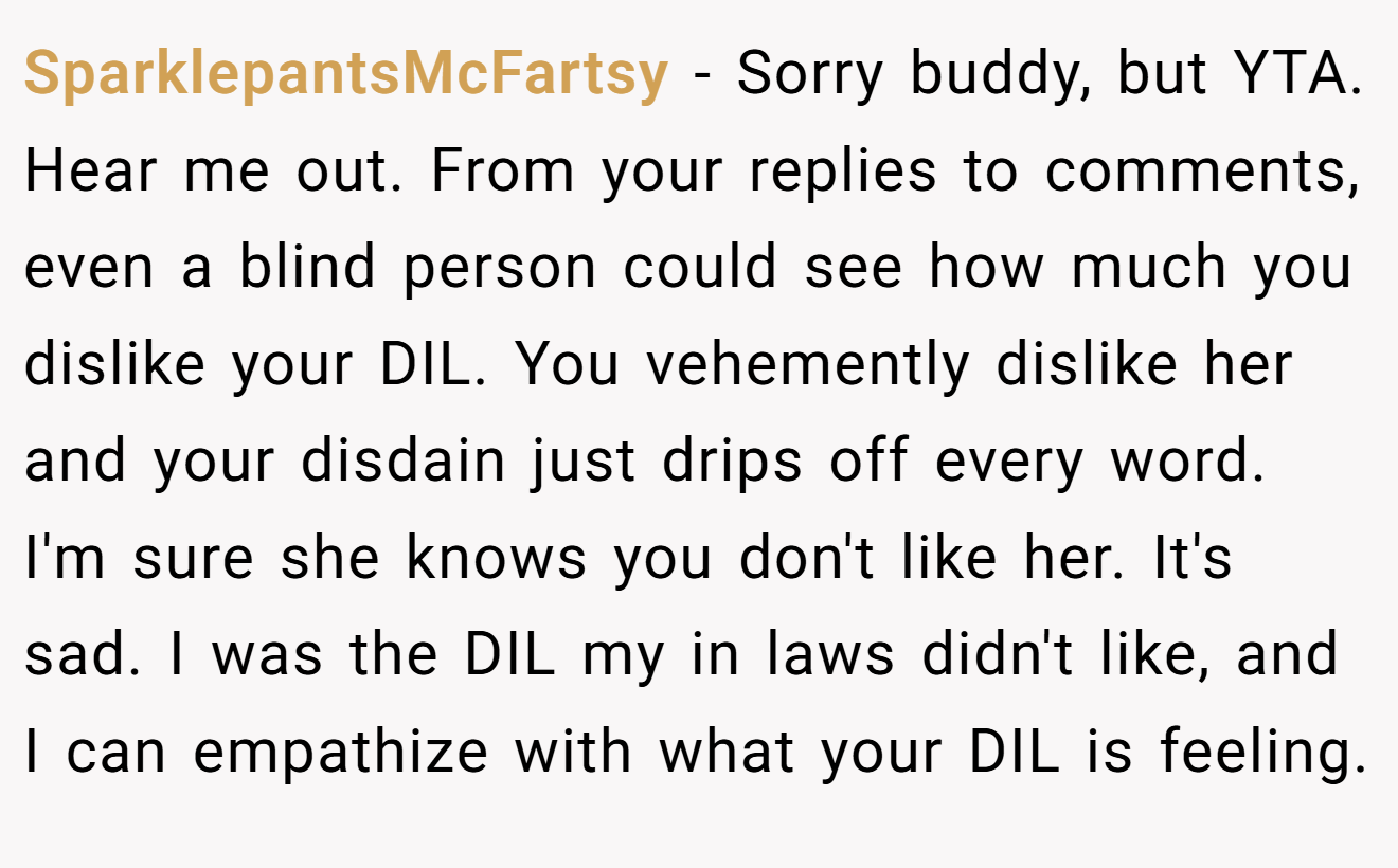 SparklepantsMcFartsy - Sorry buddy, but YTA. Hear me out. From your replies to comments, even a blind person could see how much you dislike your DIL. You vehemently dislike her and your disdain just drips off every word. I'm sure she knows you don't like her. It's sad. I was the DIL my in laws didn't like, and I can empathize with what your DIL is feeling.