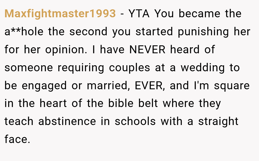 Maxfightmaster1993 − YTA You became the a**hole the second you started punishing her for her opinion. I have NEVER heard of someone requiring couples at a wedding to be engaged or married, EVER, and I'm square in the heart of the bible belt where they teach abstinence in schools with a straight face.