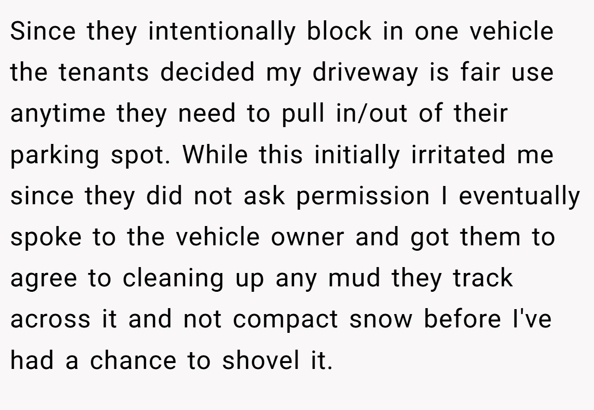 Since they intentionally block in one vehicle the tenants decided my driveway is fair use anytime they need to pull in/out of their parking spot. While this initially irritated me since they did not ask permission I eventually spoke to the vehicle owner and got them to agree to cleaning up any mud they track across it and not compact snow before I've had a chance to shovel it.