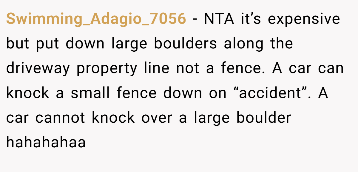 Swimming_Adagio_7056 - NTA it’s expensive but put down large boulders along the driveway property line not a fence. A car can knock a small fence down on “accident”. A car cannot knock over a large boulder hahahahaa