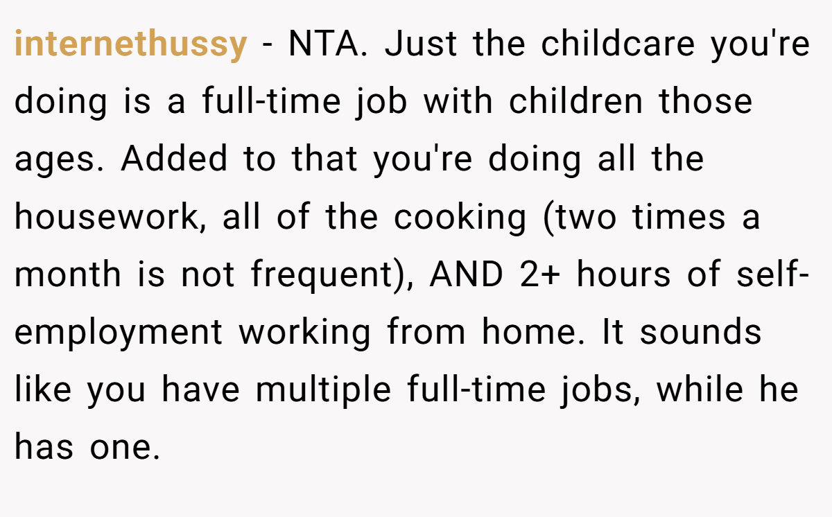 internethussy − NTA. Just the childcare you're doing is a full-time job with children those ages. Added to that you're doing all the housework, all of the cooking (two times a month is not frequent), AND 2+ hours of self-employment working from home. It sounds like you have multiple full-time jobs, while he has one.