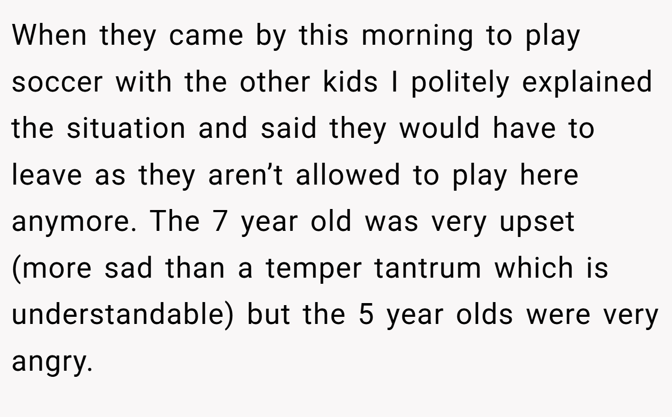 When they came by this morning to play soccer with the other kids I politely explained the situation and said they would have to leave as they aren’t allowed to play here anymore. The 7 year old was very upset (more sad than a temper tantrum which is understandable) but the 5 year olds were very angry.