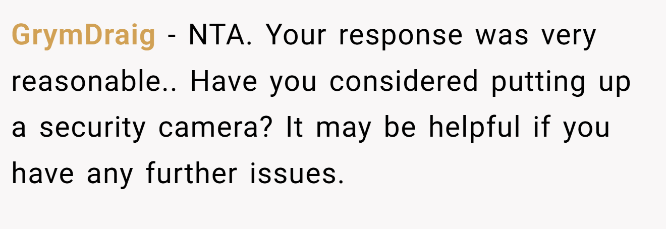 GrymDraig - NTA. Your response was very reasonable.. Have you considered putting up a security camera? It may be helpful if you have any further issues.