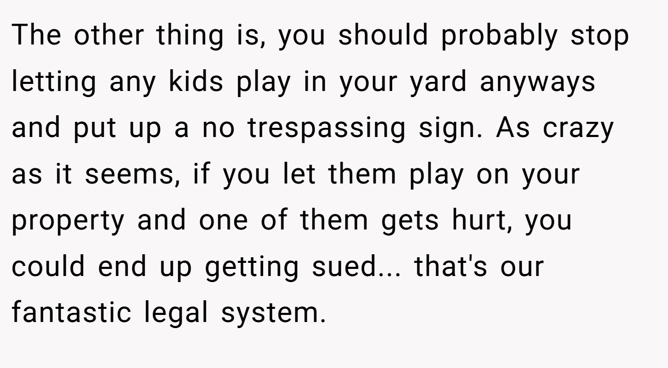 The other thing is, you should probably stop letting any kids play in your yard anyways and put up a no trespassing sign. As crazy as it seems, if you let them play on your property and one of them gets hurt, you could end up getting sued... that's our fantastic legal system.