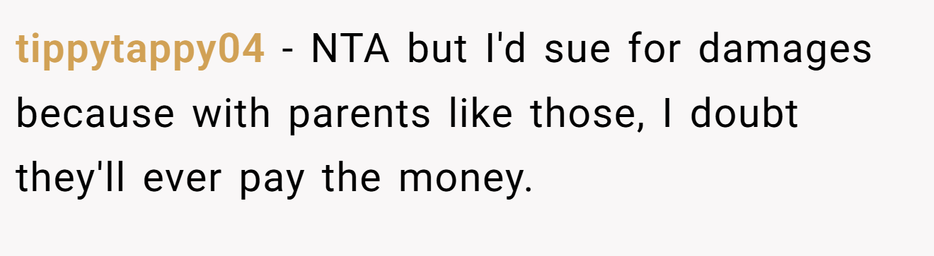 tippytappy04 - NTA but I'd sue for damages because with parents like those, I doubt they'll ever pay the money.