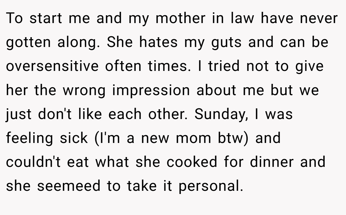 To start me and my mother in law have never gotten along. She hates my guts and can be oversensitive often times. I tried not to give her the wrong impression about me but we just don't like each other. Sunday, I was feeling sick (I'm a new mom btw) and couldn't eat what she cooked for dinner and she seemeed to take it personal.