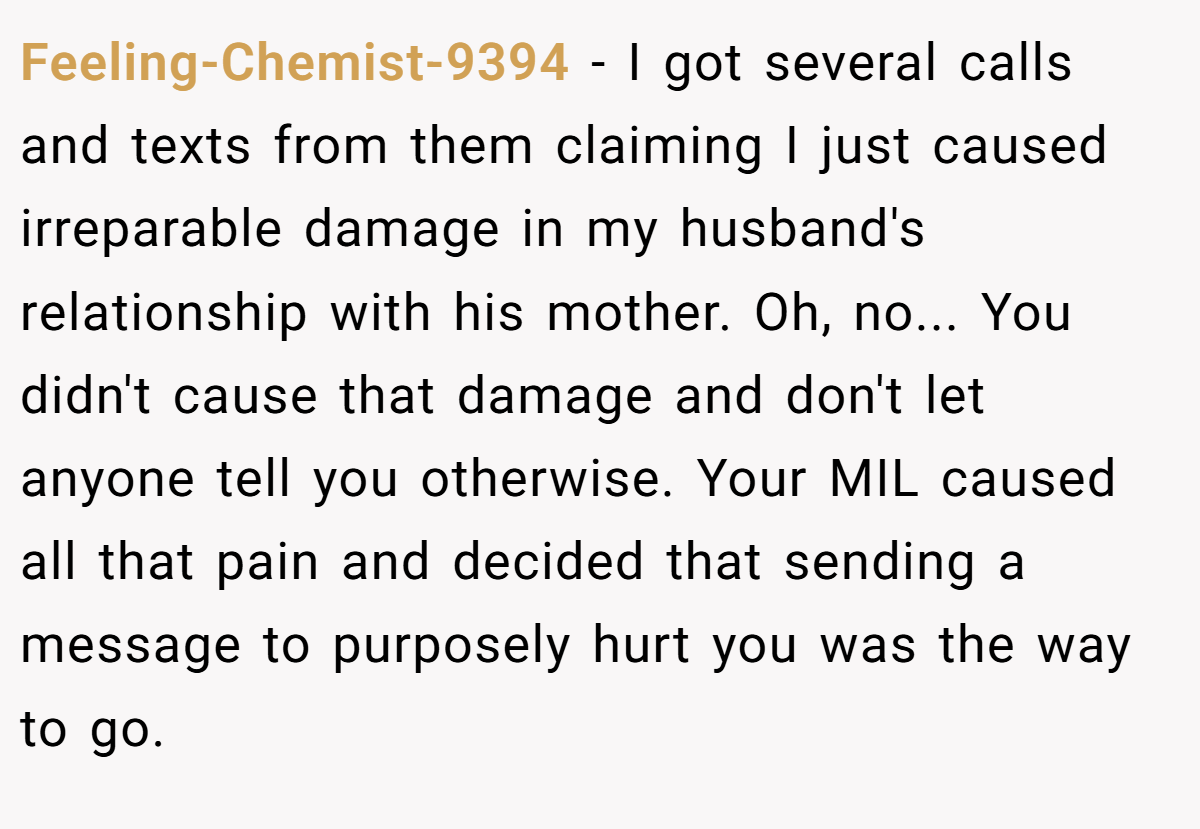 Feeling-Chemist-9394 - I got several calls and texts from them claiming I just caused irreparable damage in my husband's relationship with his mother. Oh, no... You didn't cause that damage and don't let anyone tell you otherwise. Your MIL caused all that pain and decided that sending a message to purposely hurt you was the way to go.