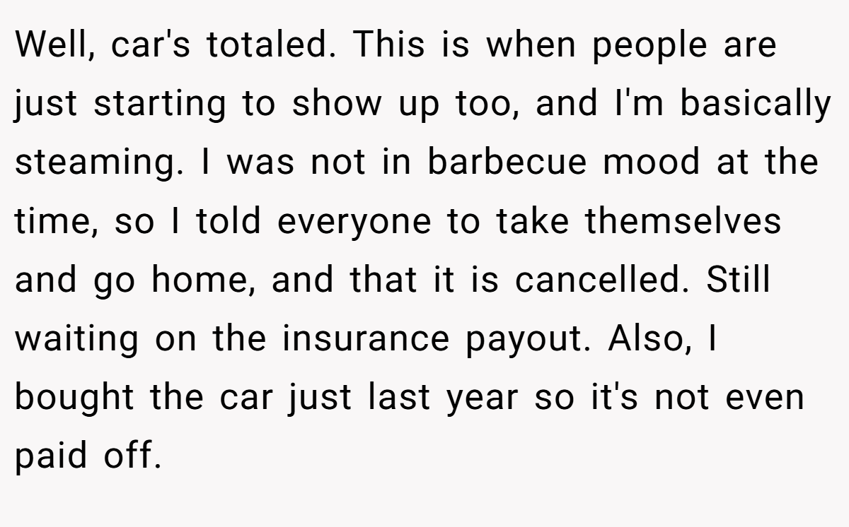 Well, car's totaled. This is when people are just starting to show up too, and I'm basically steaming. I was not in barbecue mood at the time, so I told everyone to take themselves and go home, and that it is cancelled. Still waiting on the insurance payout. Also, I bought the car just last year so it's not even paid off.